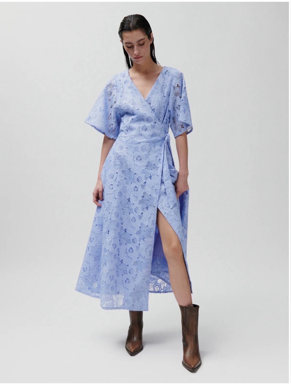 Day Birger et Mikkelsen floral Violet Blue Lace Wrap Midi Dress with Side Slit